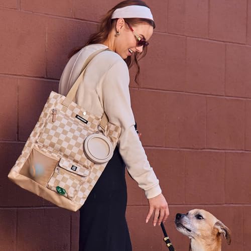 Cleverpup Park Pack 2-Piece Set Dog Gear Tote – Dog Travel Bag with 8 Pockets, Treat Pouch, Poop Bag Dispenser, Quick-Dry Ball Pocket, Collapsible Bowl, Perfect for Walks & Park Trips, Checkerboard