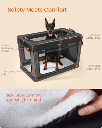 Feandrea Collapsible Dog Crate, 48-Inch Portable Dog Travel Crate for Extra Large Dogs, Oxford Fabric Pet Carrier with 4 Mesh Doors, Handles, Storage Pocket, Water Bottle Holder, Ink Black UPDC022BH01