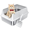 Tevila Stainless Steel Litter Box with High Sides, Small Metal Litter Box for Kittens & Senior Cats, Open Top Low Entry Non-Stick Easy Clean with Scoop, Gray