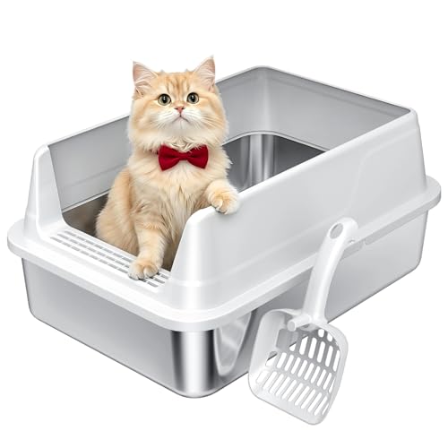 Tevila Stainless Steel Litter Box with High Sides, Small Metal Litter Box for Kittens & Senior Cats, Open Top Low Entry Non-Stick Easy Clean with Scoop, Gray