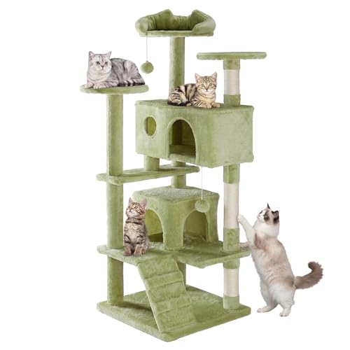 Sweetcrispy 54 Inch Cats Tree Tower, Multi-Level with Cat Scratching Post, Indoor Cat Condo with Climbing Ladder, Plush Toy, Play House for Cats, Green