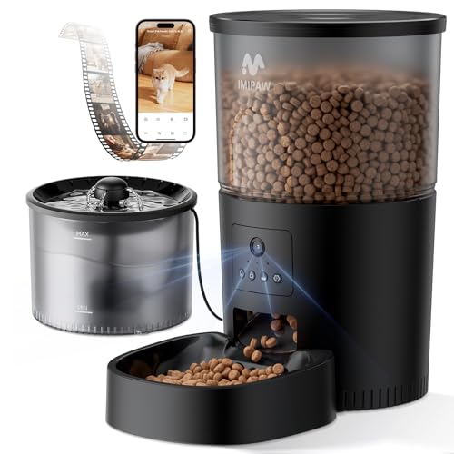 IMIPAW Automatic Cat Feeder with Camera and Water Fountain, HD AI Pet Recognition, APP Remote Control, Timed Food Dispenser, Two-Way Audio, Night Vision Function, 3L Fountains for Drinking with Filter