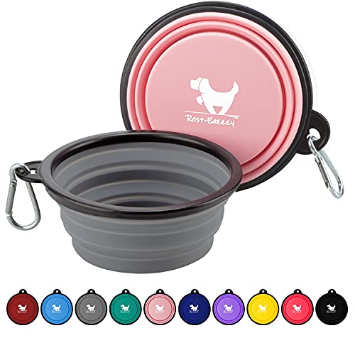Collapsible Dog Bowls for Travel, 2-Pack Dog Portable Water Bowl for Dogs Cats Pet Foldable Feeding Watering Dish for Traveling Camping with Carabiners, BPA Free (Grey&Pink, Small (Pack of 2))