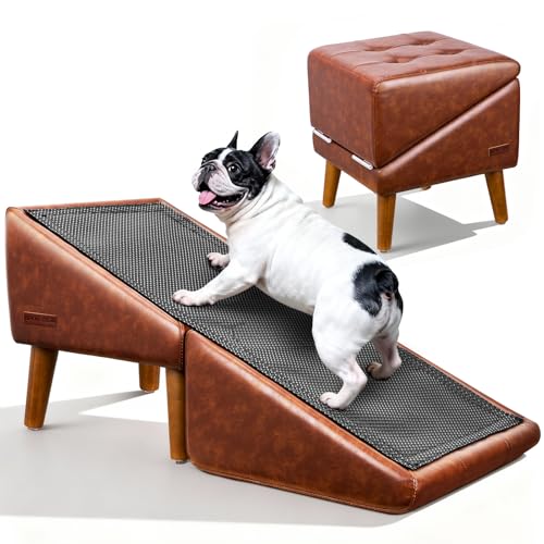 Dog Stairs for Small Dogs and Cats 16" H - with Encrypted Dot-Grip Non-Slip Surface, 2-in-1 Pet Ramp & Steps for Bed/Couch, Foldable Split Ottoman with Solid Wood Frame, Sturdy & Portable for Puppies