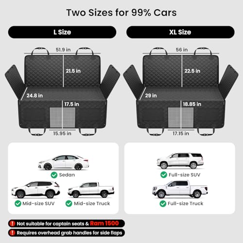 REEVAA Dog Car Seat Cover for Back Seat, Hard Bottom Dog Hammock, Pet Bed Extender for 2-4 Large/Medium Dogs, Waterproof Seat Protector, Universal L Size Fits for SUV Medium Truck, Black