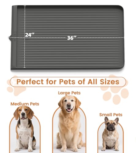 Dog Food Mat 36"x24", Waterproof Pet Feeding Mat with Diversion Grooves and Raised Edges, Large Non-Slip Dog Bowl Mat for Food and Water, Cat Food Mat for Floors, Easy to Clean, Grey