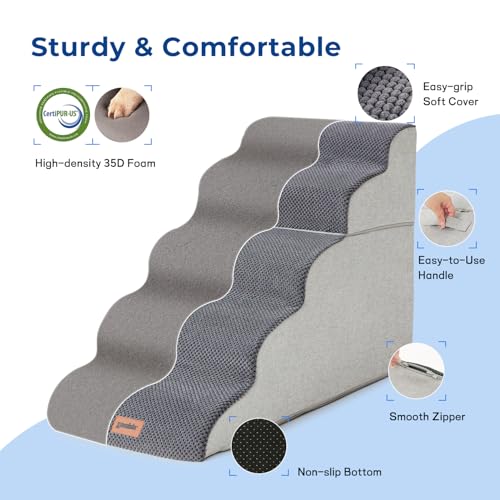 ZOMISIA Dog Stairs Ramp for High Beds Up to 25" - 5 Step Pet Stairs for Small to Large Dogs, 35D Foam Dog Steps for Couch with Non-Slip Bottom Grey
