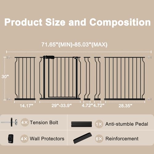 WAOWAO Baby Gate 71.65-85.03" Extra Wide Pressure Mounted Walk Through Swing Auto Close Safety Metal Black Toddler Kids Child Dog Pet Puppy for Stairs,Doorways,Kitchen