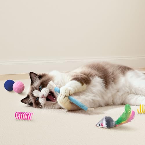 YULOYI Cat Toys for Indoor Cats, 34 Packs Interactive Cat Toy Set with Colorful Springs Toys, Mouse Toy, Catnip Ropes, Balls, Bells, and Sisal Ball for Kitten Toys