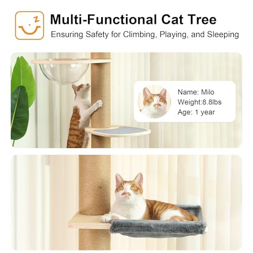FUKUMARU Floor to Ceiling Cat Tree, 6 Level Adjustable Height (5.7-9.8 ft) Climbing Tower with Thickened Scratching Posts, Cats Activity Center with Transparent Capsule and Cozy Hammock