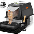 Vivifying Stainless Steel Litter Box with Lid, XL Front Entry Enclosed Extra Large Litter Box for Big Cats & Kitty, Top Exit Metal Cat Pan with Scoop, Mat, Footboard, Charcoal Filter (Black)