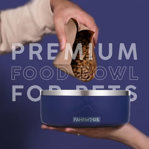 FAHRMOSIS 32 Oz Dog Bowl with Slow Feeder Insert Stainless Steel Pet Water Bowl for Medium & Large Breed Non Slip Rubber Base & Plastic Puzzle Feeder - Navy Blue