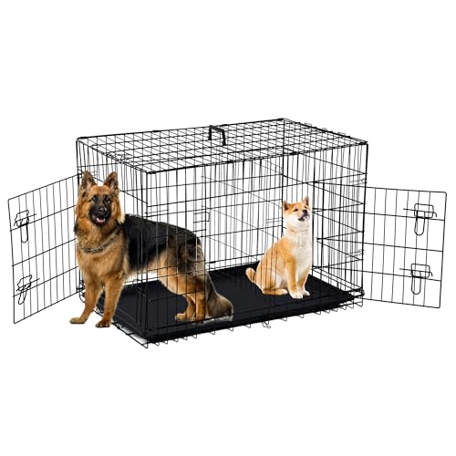 48 Inch Extra Large Dog Crates for Medium Dogs Double-Door Folding XXL Dog Crates for Large Dogs Indoor/Outdoor Dog Cages for Large Dogs Metal Wire Dog Kennel with Plastic Tray and Handle(Black)