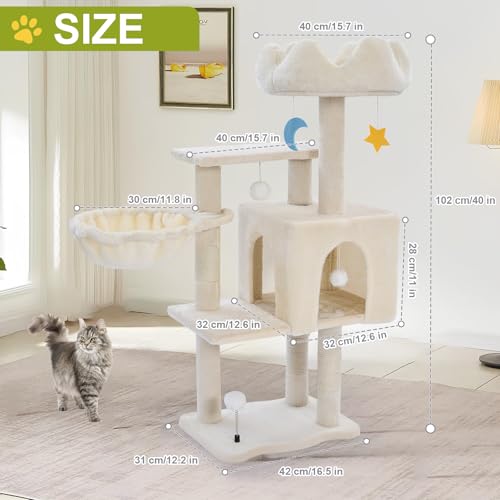 Cat Tree Tower with Metal Frame Hammock, 40'' Cat Trees for Indoor Cats Large Adult, Cat Towers with Scratching Post, Cats Condo Furniture with Cloud Top Perch, Cats Climbing Tower for Kittens(White)