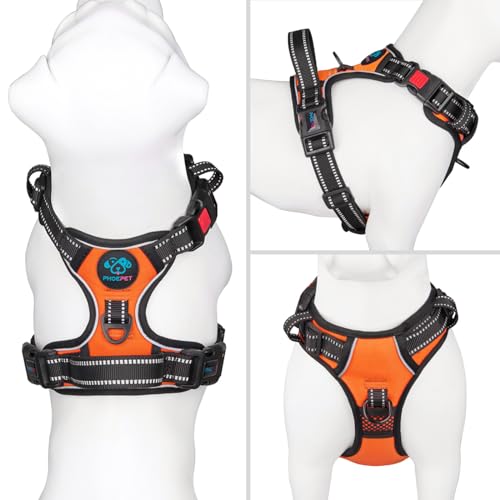 PHOEPET Reflective Dog Harness Large Breed Adjustable No Pull Vest with Handle 2 Metal Rings 3 Buckles [Easy to Put on & Take Off](XL, Orange)