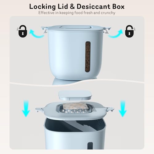 Automatic Cat Feeder and Water Dispenser FW1, Wire or Battery Cat Food Dispenser Timer Pet Feeder - Locking Lid, Desiccant Bag, Programmable Portion Control, 4 Daily Meals, 10s Voice Recorder-Blue