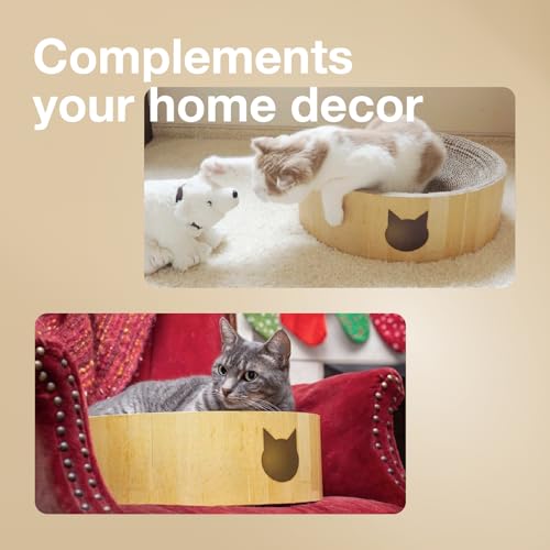 Necoichi Cat Scratcher Bowl for Indoor Cats - Cat Scratching Lounger with Reversible Usability and Extra Comfort for Lounge, Cardboard Bed Couch / (Regular, Oak)