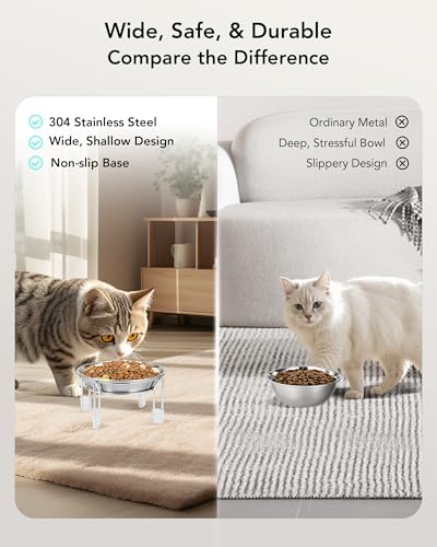 Elevated cat Bowl, 6.3" Wide Raised Stainless Steel Cat Food and Water Dishes, Small Dog Bowl, Whisker Friendly, Anti-Vomiting, Neck Stress-Free, Non-Slip Stainless Steel Stand with 4 Legs- 3Pack