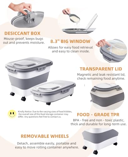 DDMOMMY 20-23 Lbs Dog Food Storage Container - Collapsible Dog Food Container with Attachable Casters and Scoop,Travel Silicone Bowl, Pet Food Storage Containers to Keep Dry Food Fresh,Easy to Move
