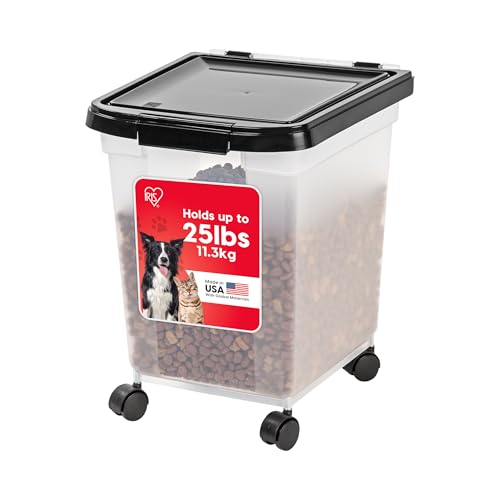 IRIS USA Airtight Dog Food Storage Container, WeatherPro, Up to 25 lbs, Removable Wheels, for Dog Cat Bird and Other Pet Food Storage Bin, Keep Fresh, Translucent Body, Made in USA, Clear/Black