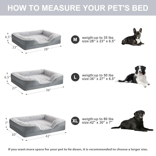 LEXTRO Orthopedic Dog Beds for Large Dogs,42x30 Inch Extra Large Dog Bed, Egg Crate Foam Bed for Large Dogs, Big Pet Bed with Washable Removable Waterproof Pillow Cover and Anti-Slip Bottom, Grey