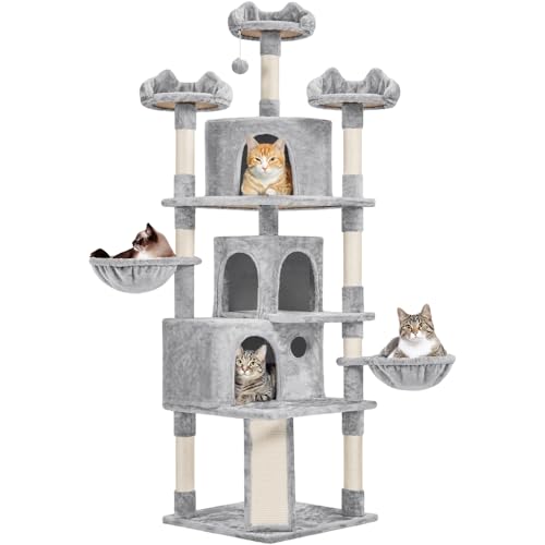 Yaheetech 76.5in Multi-Level Large Cat Tree, Big Cat Tower with 3 Condos, Cozy Plush Perches, 9 Sisal Scratching Posts and Ladder, Activity Center for Large Kitties, Light Gray
