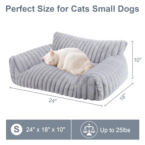 Cute Cat Couch Bed for Indoor Cats, Fluffy Pet Cat Sofa with Premium Soft Corduroy Fleece, Cute Small Dog Beds for Small Dogs, Fuzzy Puppy Chair with Removable Washable Cover (24x18x10,Grey)