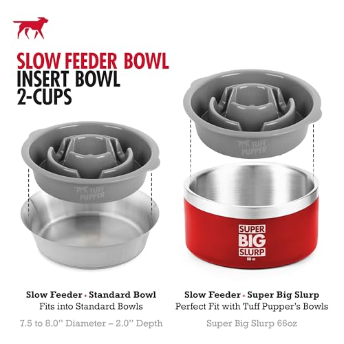 Tuff Pupper Slow Feeder Insert Bowl | Puzzle Maze Slows Down Eating | Elevated Feeder Tray Bowls | Standalone Dog Bowl | Pet Bowls Insert | Easy Clean Dishwasher Safe (2 Cups - Fits 7.5-8 Inch Hole)