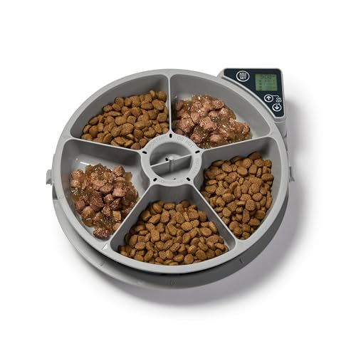 Cat Mate C500 Automatic 5 Bowl Digital Timer-Controlled Pet Feeder - for Cats and Small Dogs, Wet or Dry Food, Includes Twin Ice Packs, 5 Meals Up to 0.73 lb Each, White