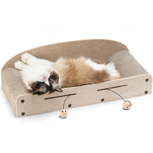 FUKUMARU 26 Inch Cat Scratcher Bed, 2 Reversible Cardboard Cat Scratch Pads Refill for Indoor Cats, Durable Large Cats Scratching Bed Sofa Couch Lounger with Fun Toys, Furniture Protector, Beige