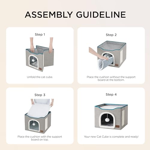 Bedsure Cat Beds for Indoor Cats - Large Cat Cave for Pet Cat House with Fluffy Ball Hanging and Scratch Pad, Foldable Cat Hideaway, 16.5x16.5x13 inches, Grey