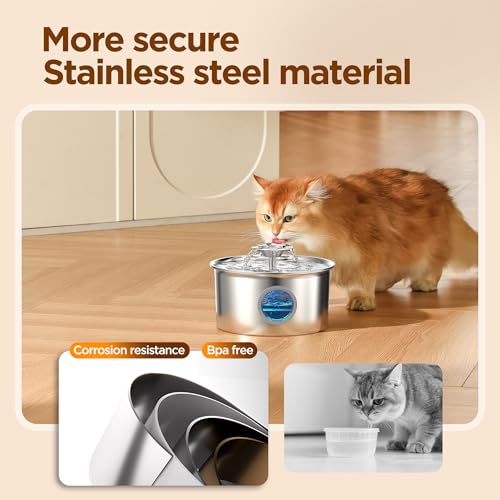 Stainless Steel Cat Water Fountain: 88oz/2.6L Ultra Quiet Pet Fountain with Flower Kitty Spout & LED Blue Light Water Dispenser with Water Level Window for Cats/Dogs Indoor (Silver) - IHOUONE