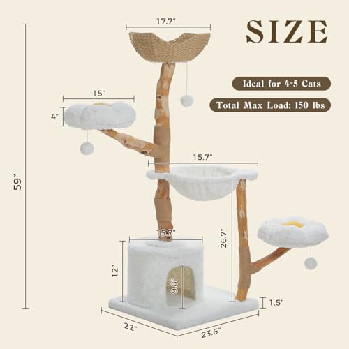 MUTTROS 59" Modern Cat Tree Tower for Large Cats w/2 Flower Perches-Natural Solid Wood Scratching Post with Real Branch-Luxury Boho Cat Furniture w/Condo & Wicker Basket Bed, Cloud White