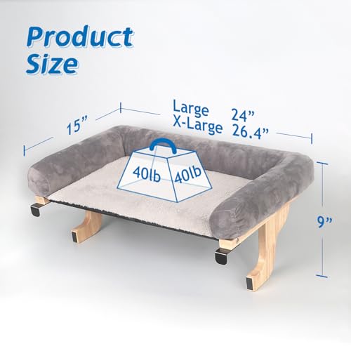 Zakkart Cat Perch for Window Sill with Bolster - Orthopedic Hammock Design with Premium Hardwood & Robust Metal Frame - Cat Window Seat for Large Cats - Natural Color Wood Gray Bed, 26.4''W