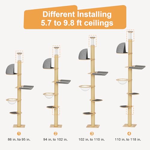 FUKUMARU Floor to Ceiling Cat Tree, 6 Level Adjustable Height (5.7-9.8 ft) Climbing Tower with Thickened Scratching Posts, Cats Activity Center with Transparent Capsule and Cozy Hammock