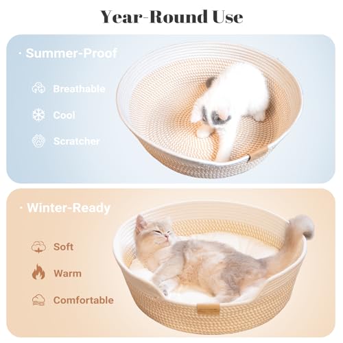 CHEERHOME PETS Cat Bed Basket with Cushion, Cotton Rope Woven Pet Bed for Indoor Cats Couch, Stimulicat Cat Bed Handwoven Breathable, All Season Universal (White)