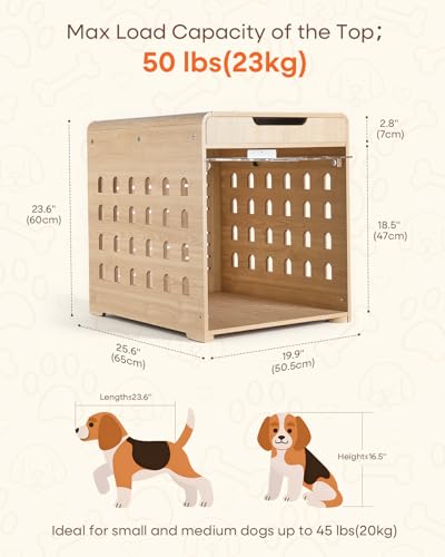 Modern Dog Crate Furniture with Charging Station Medium Kennel Indoor with Flip-up Hidden Acrylic Door for Small and Medium Breeds up to 50lb Wood Pet End Side Table Cage, Oak