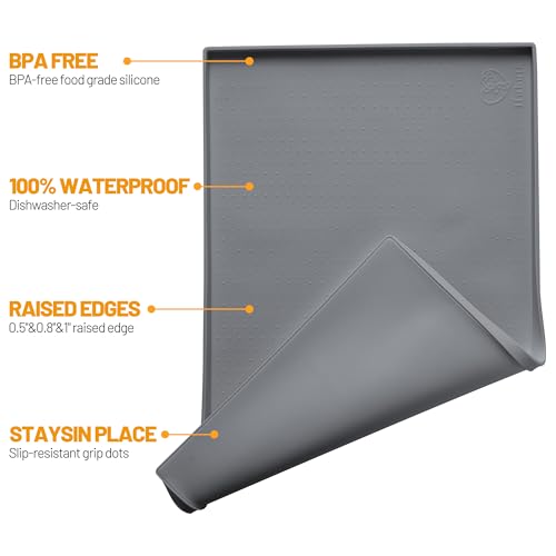 Hubulk Dog Feeding Mat,100% Waterproof Food Grade Silicone Pet Food and Water Bowl Placemat,Dishwasher, High Raised Edge to Prevent Spills,Nonslip Tray to Stop Messes on Floor (19"x12"x0.5", Grey)