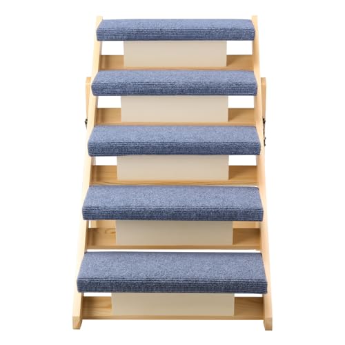 VEVOR Wood Pet Stairs, 5-Step Dog Stairs for Beds, Sofa & Cars, 150lbs Load Capacity, Floded Flat Design, Stable & Sturdy Cat & Dog Step Ladder for Small Medium Large Older Pet Puppy Essentials