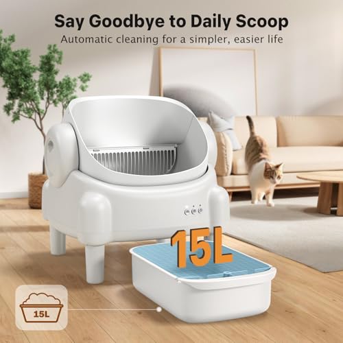 Self Cleaning Litter Box,Open Top Automatic Litter Box with App Control for Multiple Cats, Safety Sensors Protection, Odor Control Includes 2 roll Liners,Large Waste Bin, Cream White