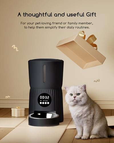 Faroro Automatic Cat Feeder, 4L Cat Food Dispenser with Portion Control, 1-6 Meals Per Day, 10s Voice Recording, Slow Feed, Dual Power Supply for Cats and Small Dogs (Black)