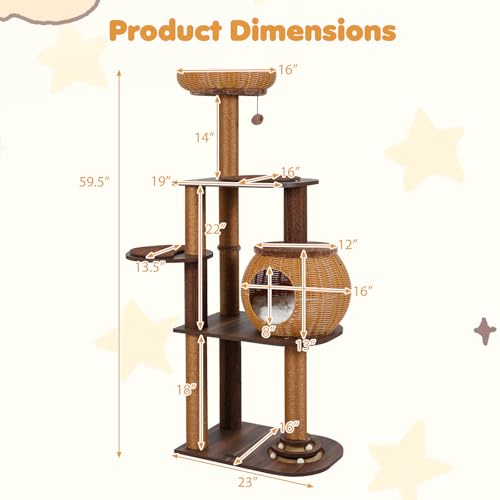 PETSITE 59.5-inch Tall PE Rattan Cat Tree, Multi-Level Modern Wooden Cat Tower with Sisal Scratching Posts, Ball Track Toy, Comfy Condo with Removable Soft Pads, and Hanging Ball, Ideal for Indoor Cat