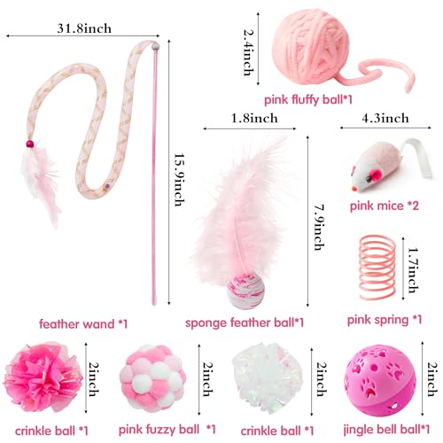 MALLMALL6 10Pcs Cat Toy Set Interactive Cat Toys Pack Including Feather Teaser Wand Cat Springs Mice Crinkle Balls and Pet Bell Balls, Puzzle Toys for Indoor Cats Gift (Pink)