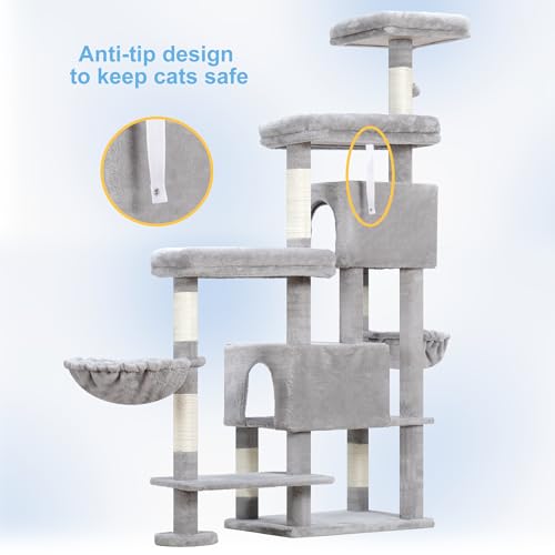 Hey-brother Cat Tree Tower, Scratching Posts with a Extended Part, Wide Platforms, Cozy Condos, Hammocks, Sisal Columns and Ball for Indoor Cats, 70.1 Inches, Light Gray MPJ038W
