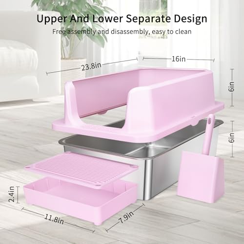 RIZZARI Large Pink Stainless Steel Cat Litter Box - Open-Top with Non-Stick Coating, High Sides Splash-Proof, Easy Clean for Cats up to 20 lbs, Ideal for Living Rooms & Apartments