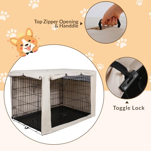 HiCaptain Dog Crate Cover 36.0" L x 23.0" W x 25.0" H with Breathable Mesh, Heavy Duty Kennel Cover, Dual Zippered Panels, Windproof Waterproof(Beige)
