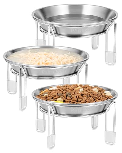 Elevated cat Bowl, 6.3" Wide Raised Stainless Steel Cat Food and Water Dishes, Small Dog Bowl, Whisker Friendly, Anti-Vomiting, Neck Stress-Free, Non-Slip Stainless Steel Stand with 4 Legs- 3Pack
