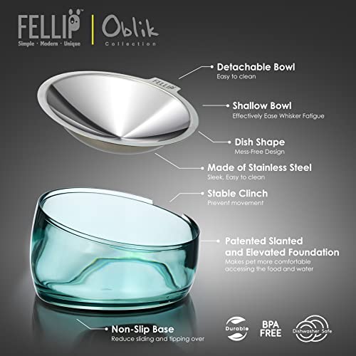 Felli Oblik Elevated Cat Bowl Removable Stainless Steel Wide Dish for Dry Wet Food Feeding & Dishwasher Clean, Slanted Whisker Fatigue Friendly Metal Plate (Classic, 0.5 Cups Shallow Dish)