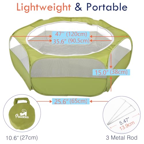 Pawaboo Small Animals Playpen, Waterproof Small Pet Cage Tent with Zippered Cover, Portable Outdoor Yard Fence with 3 Metal Rod for Chick/Kitten/Puppy/Guinea Pig/Rabbits/Hamster/Chinchillas,Green