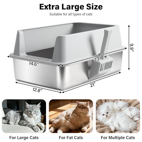 Stainless Steel Cat Litter Box with Lid, Large Metal Litter Box Stainless Steel with Mat & Scoop, Odor-Free/Anti-Leakage & Non-Stick/Easy Clean, High-Sided Litter Box for Multiple Big Cats(XL/Grey)